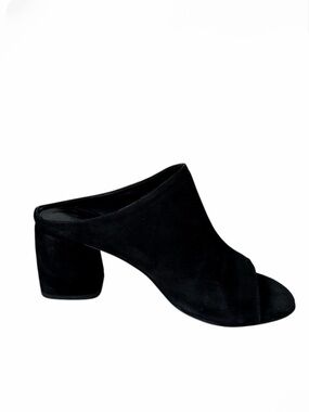 Rebecca Minkoff Black Suede Open Toe Slip On Mules Heels Women's Size 37